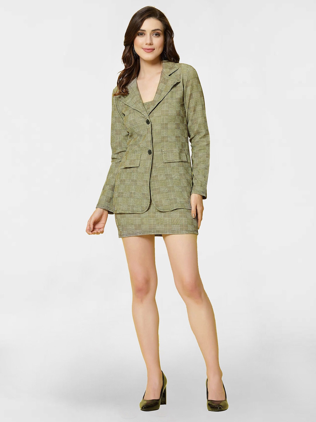

Moda Rapido Self Design Notched Lapel Collar Blazer With Skirt, Green