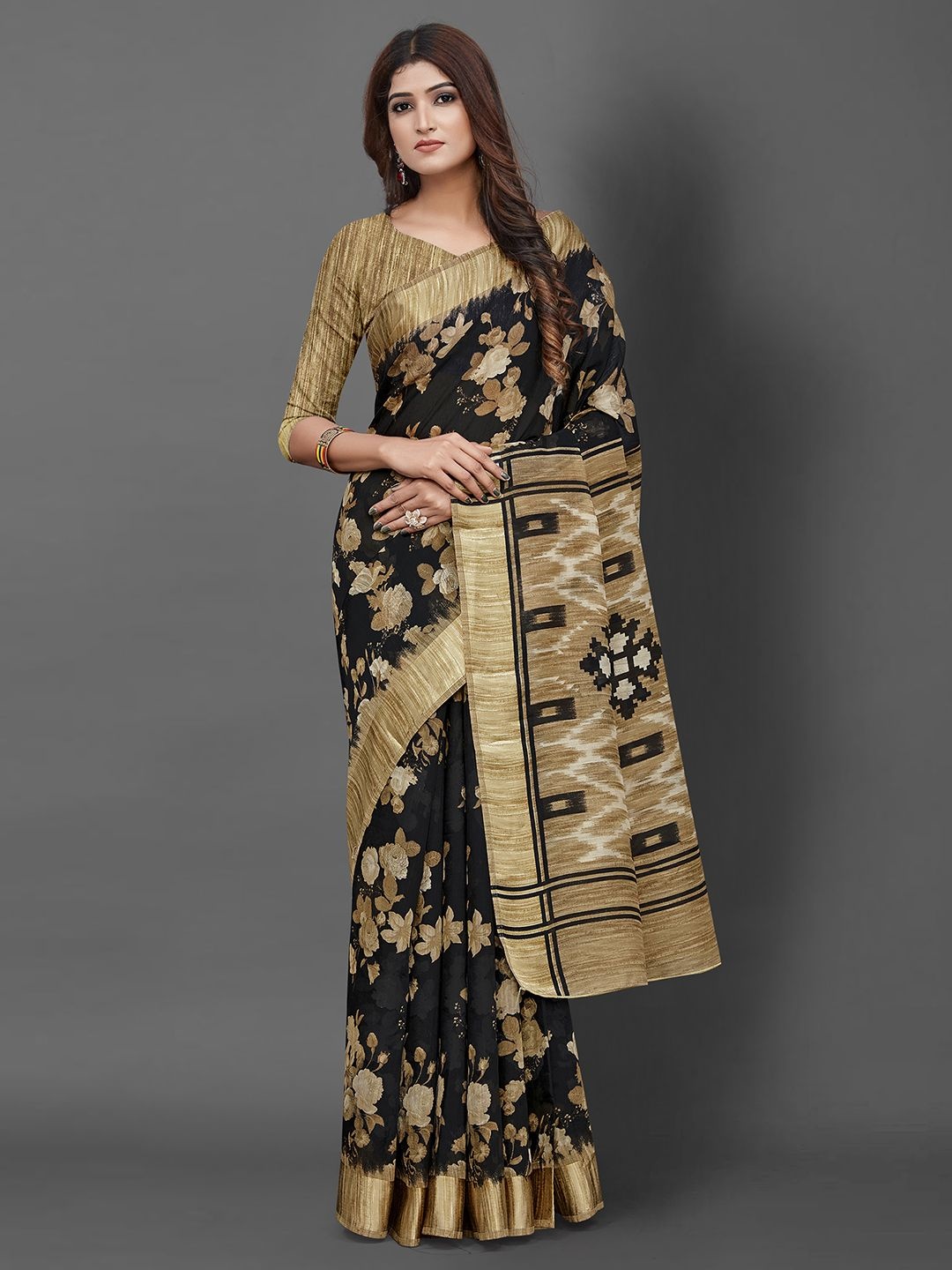 

Mitera Floral Block Print Saree, Black