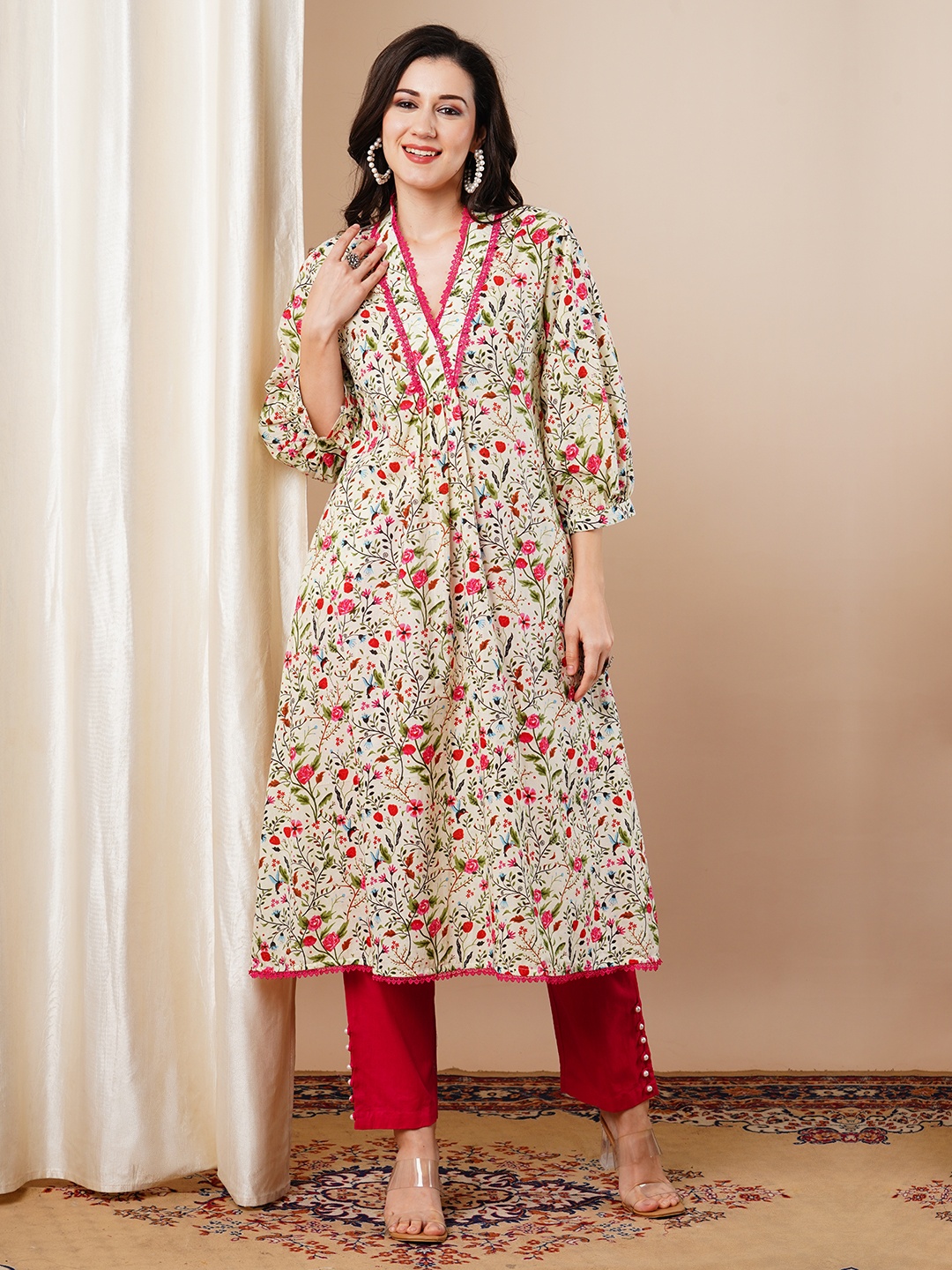 

FASHOR Women Ethnic Motifs Printed Kurta, Off white