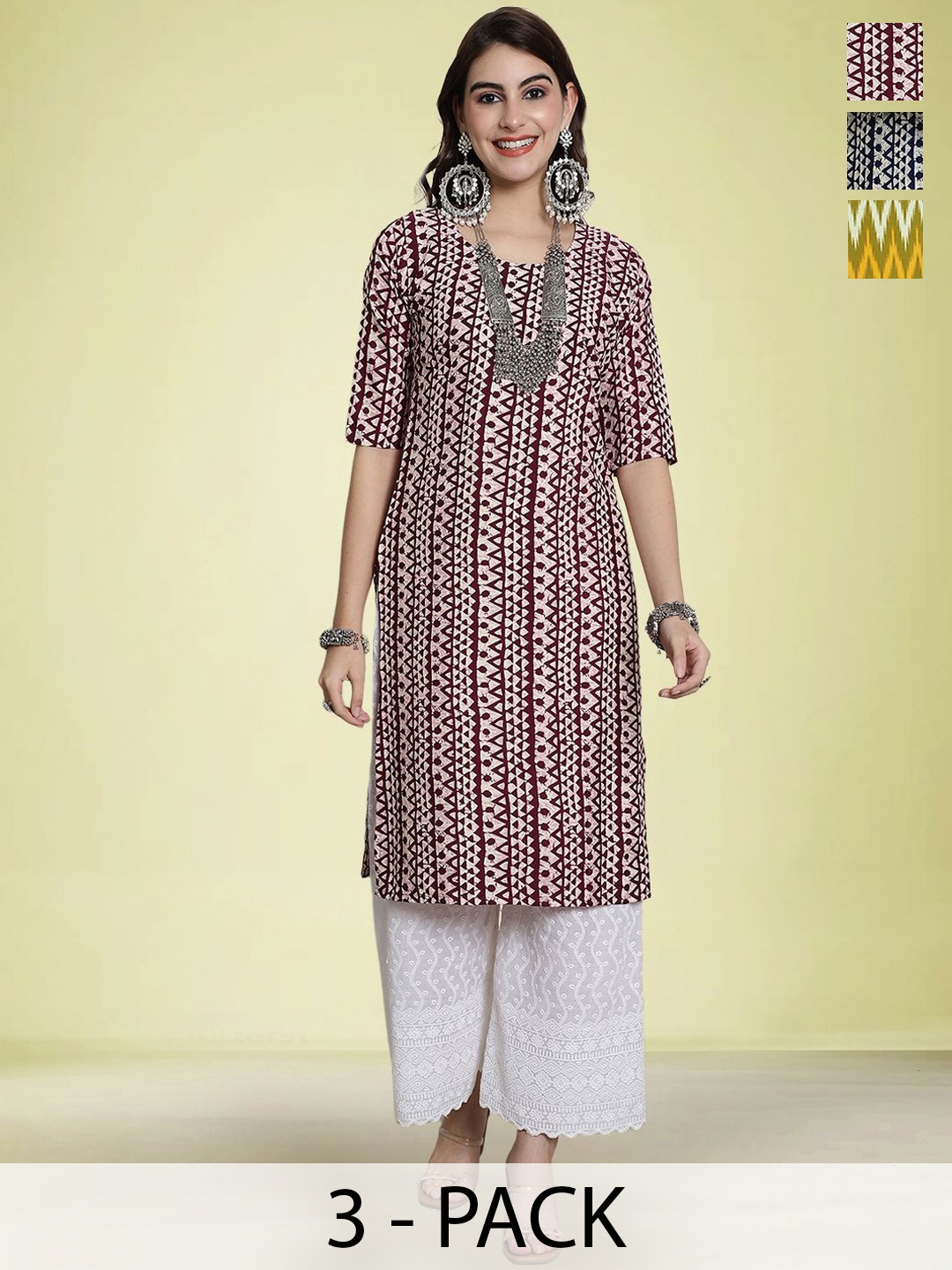 

Moda Rapido Selection Of 3 Geometric Printed Round Neck Straight Kurtas, Maroon