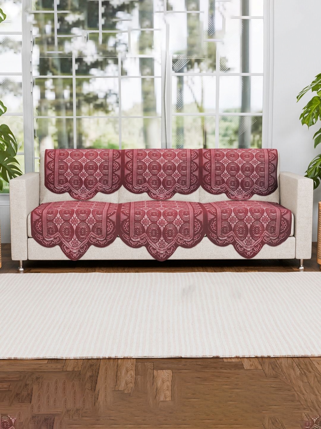 

Aura 6 Pieces Red & White Floral Printed Cotton Sofa Covers