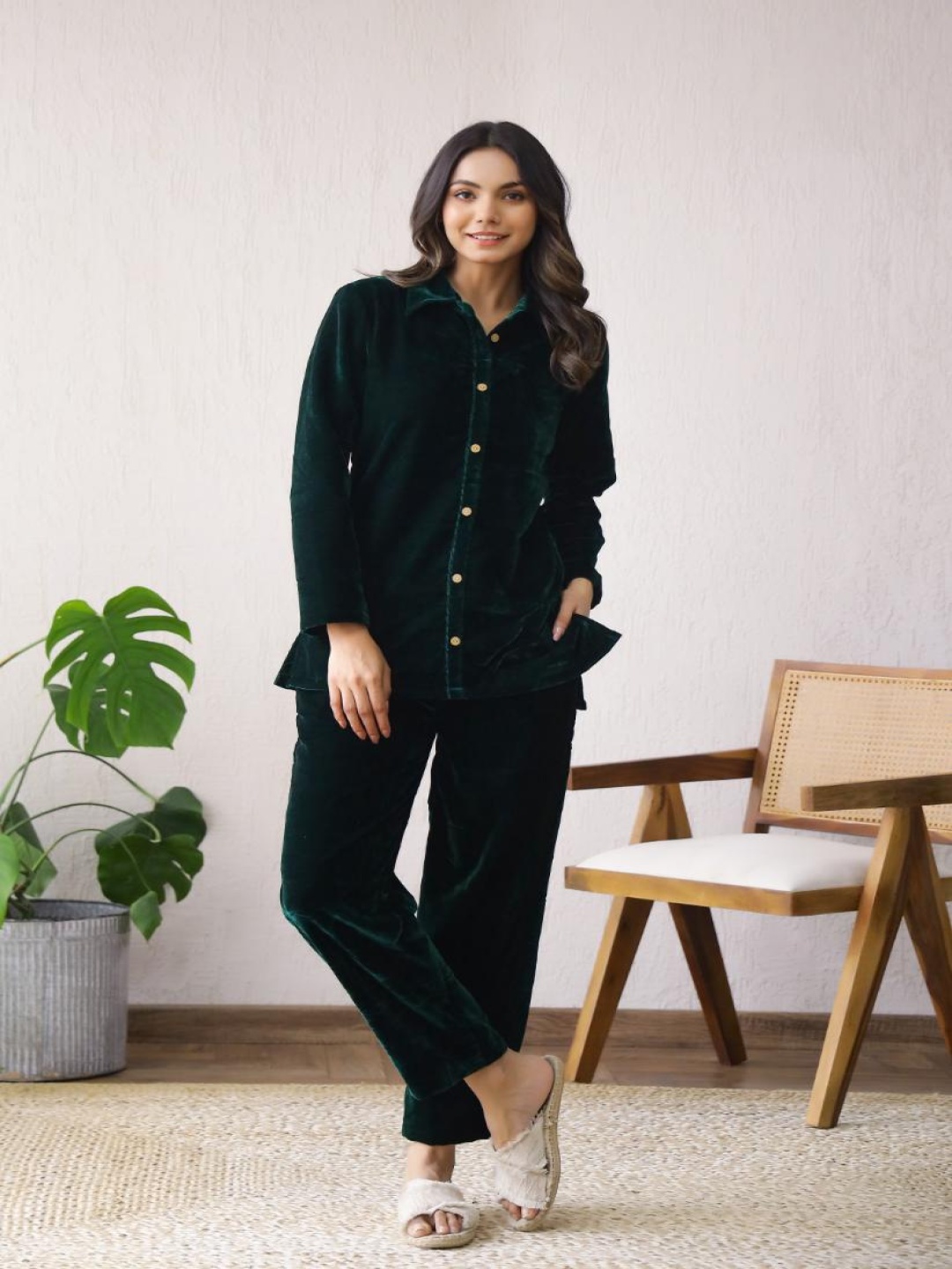 

FLAVIA CREATION Velvet Shirt Collar Neck Shirt With Trousers Co-Ords, Green