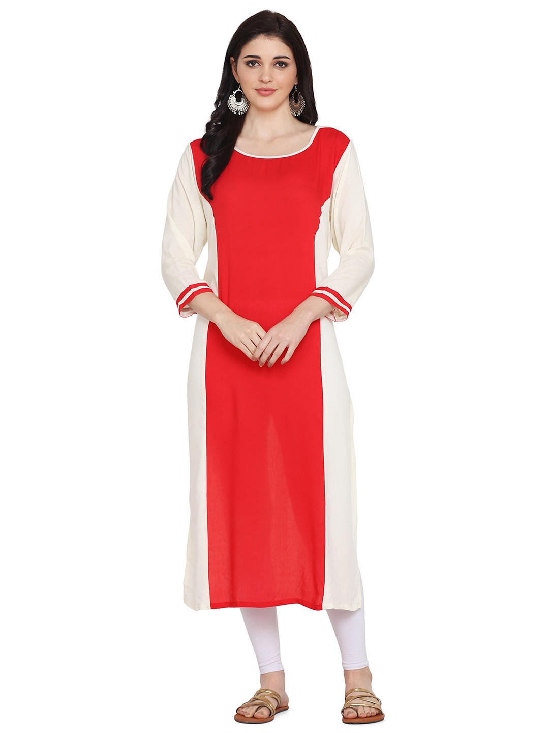 

HRITIKA Colourblocked Round Neck Panelled Straight Kurta, Red