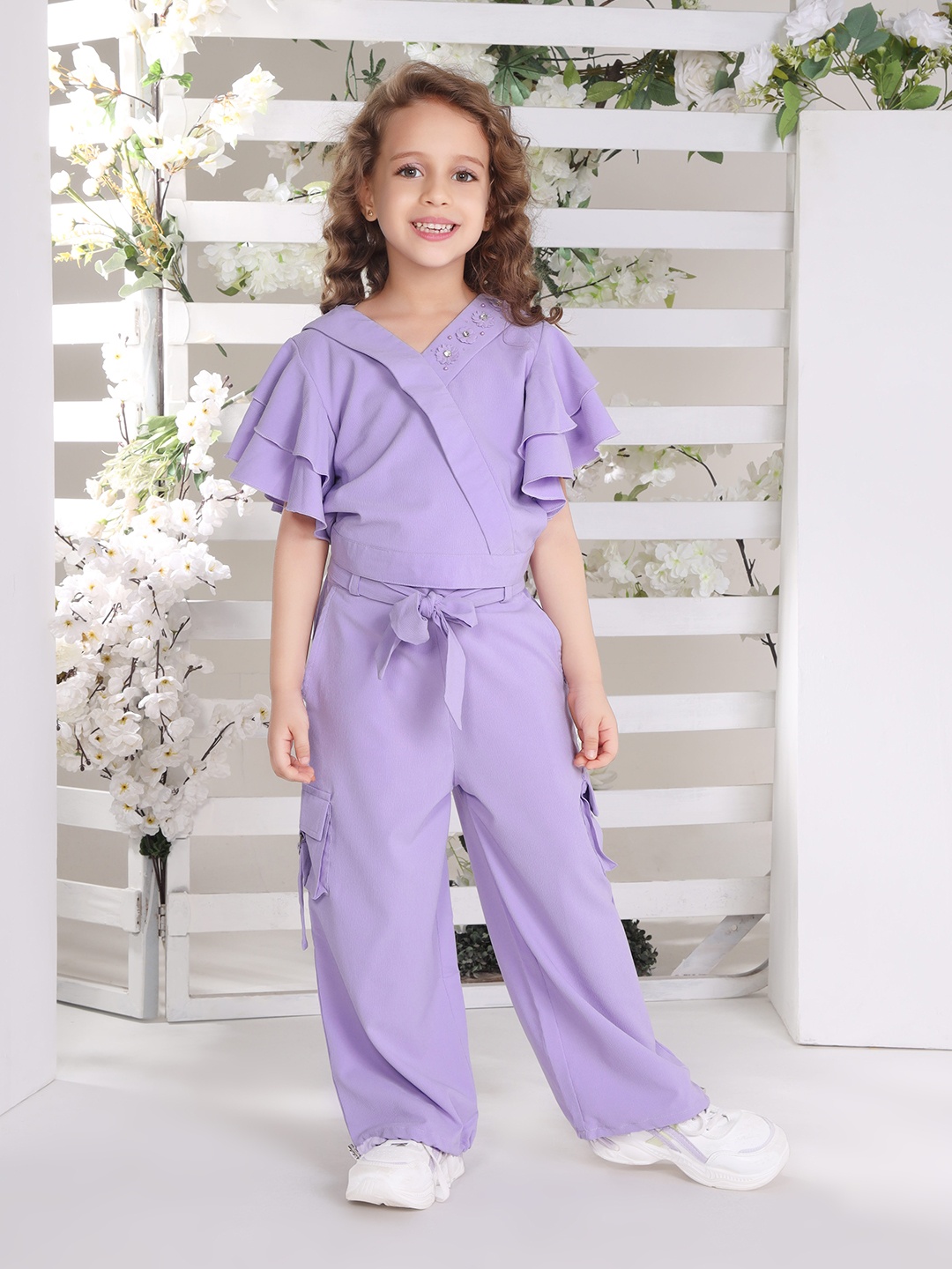 

Ministitch Girls V Neck Wrap Style Top With Trousers, Lavender