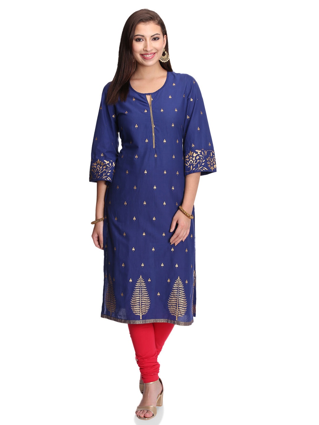 

Rangriti Ethnic Motifs Printed Round Neck Organic Cotton Straight Kurta, Blue
