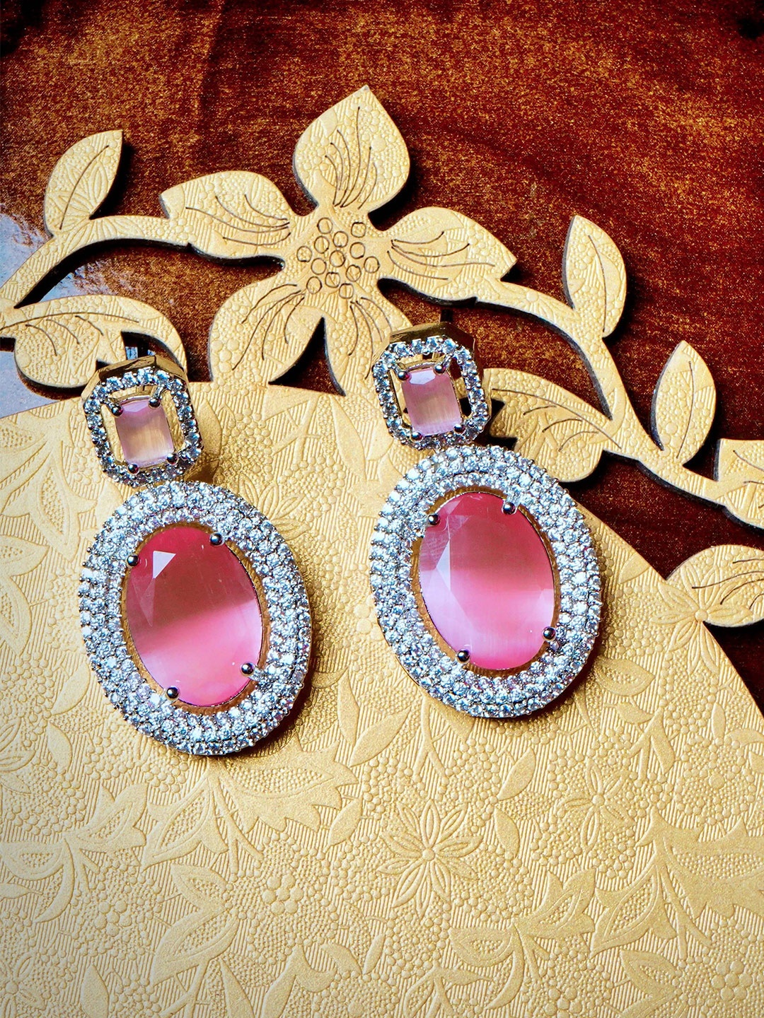 

Gemron Jewel Rhodium-Plated American Diamond Studdded Oval Drop Earrings, Pink
