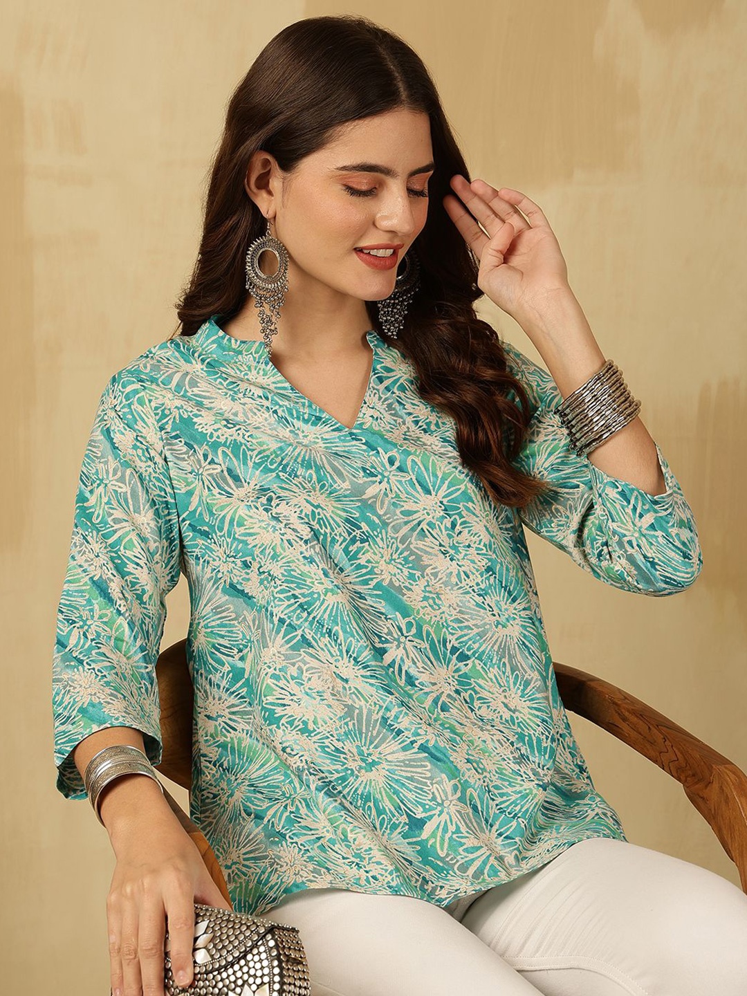 

Anouk Rustic Floral Print Mandarin Collar Top, Multi