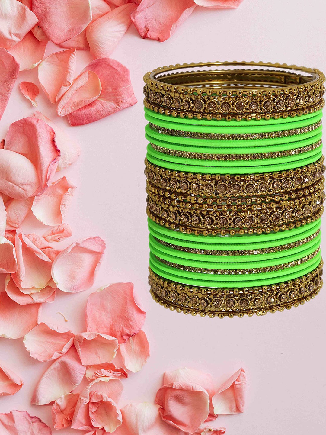 

ZULKA Set Of 28 Metal With Zircon Gemstone Studded Traditional Bangles, Green
