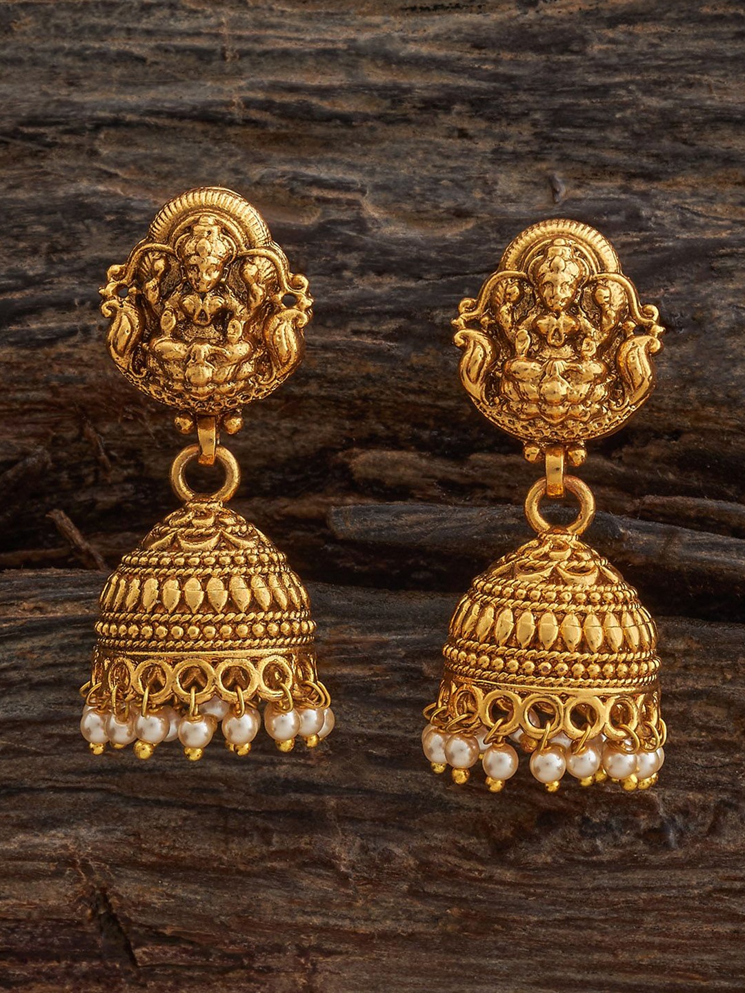 

Kushal's Fashion Jewellery Gold-Plated Dome Shaped Pearl Antique Jhumkas