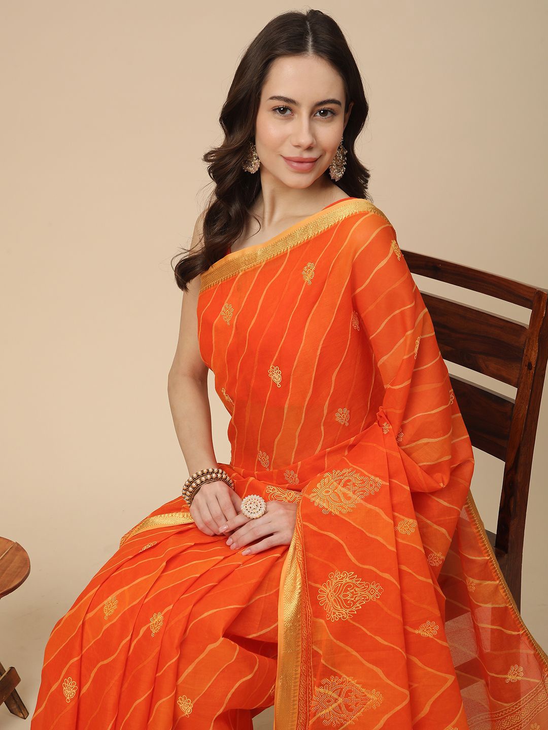 

RATAN Leheriya Zari Pure Cotton Leheriya Saree, Orange