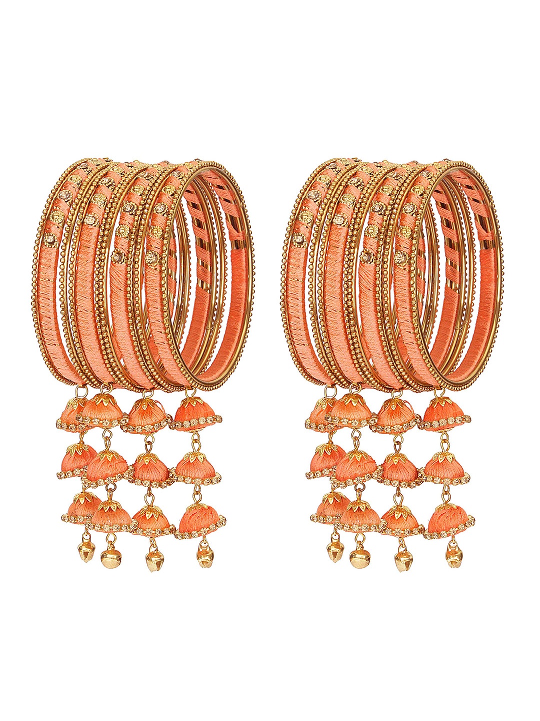 

ZULKA Set Of 24 Metal With Silk Thread Latkan & Stone Studded Bangles, Orange