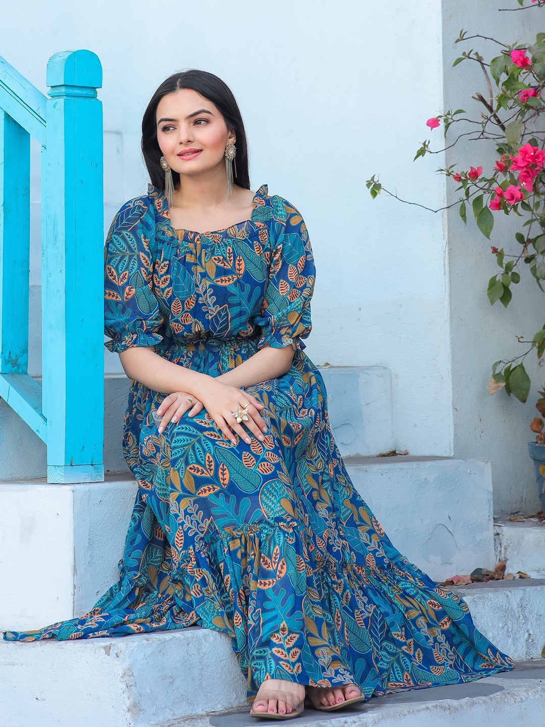 

Raiyani Fashion Floral Print Crepe Fit & Flare Maxi Dress, Blue