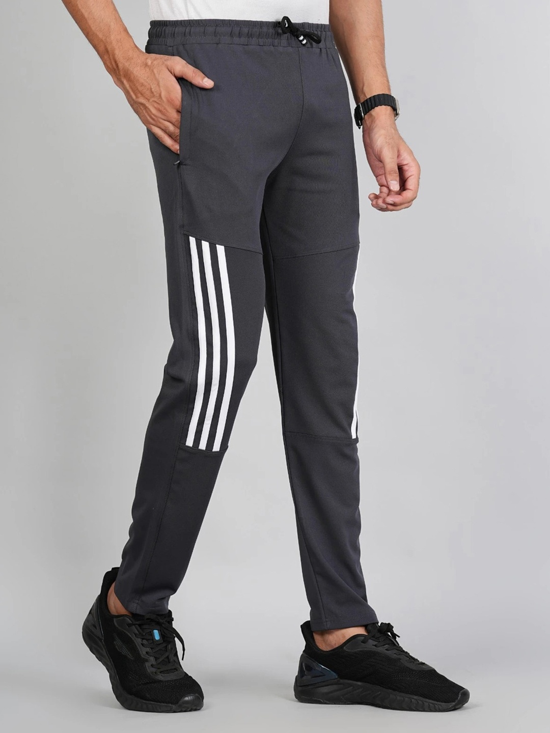 

FICKA Men Striped Mid-Rise Track Pants, Grey