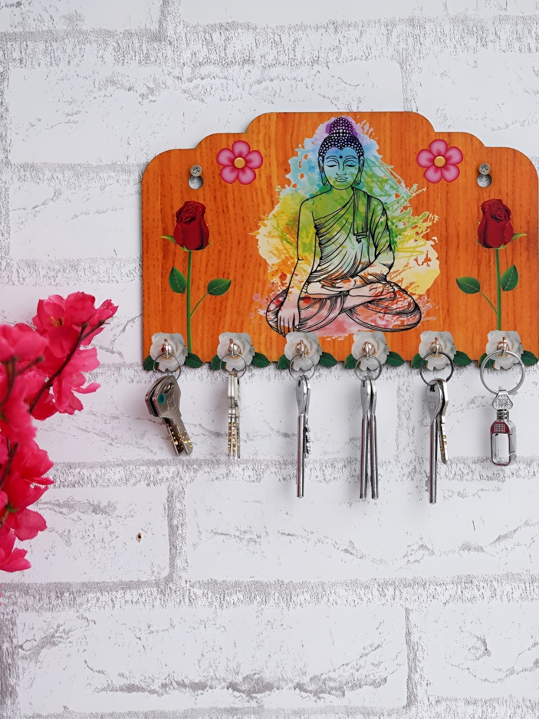 

Webelkart Orange & Green 6 Hooks Meditating Gautam Buddha Printed Wooden Key Holder