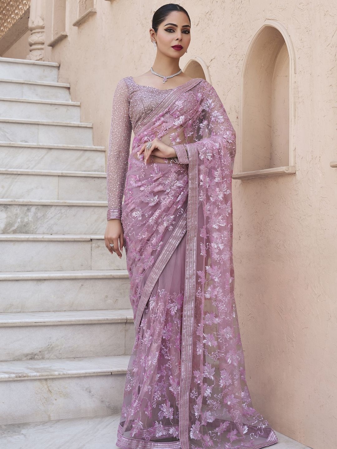 

Suha Embellished Beads and Stones Net Saree, Purple