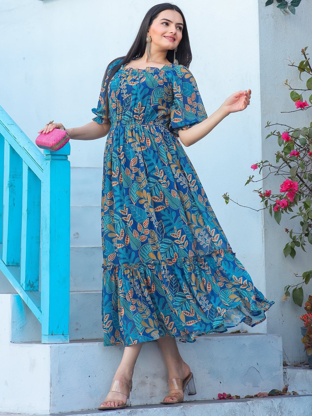 

Raiyani Fashion Floral Print Crepe Fit & Flare Maxi Dress, Blue
