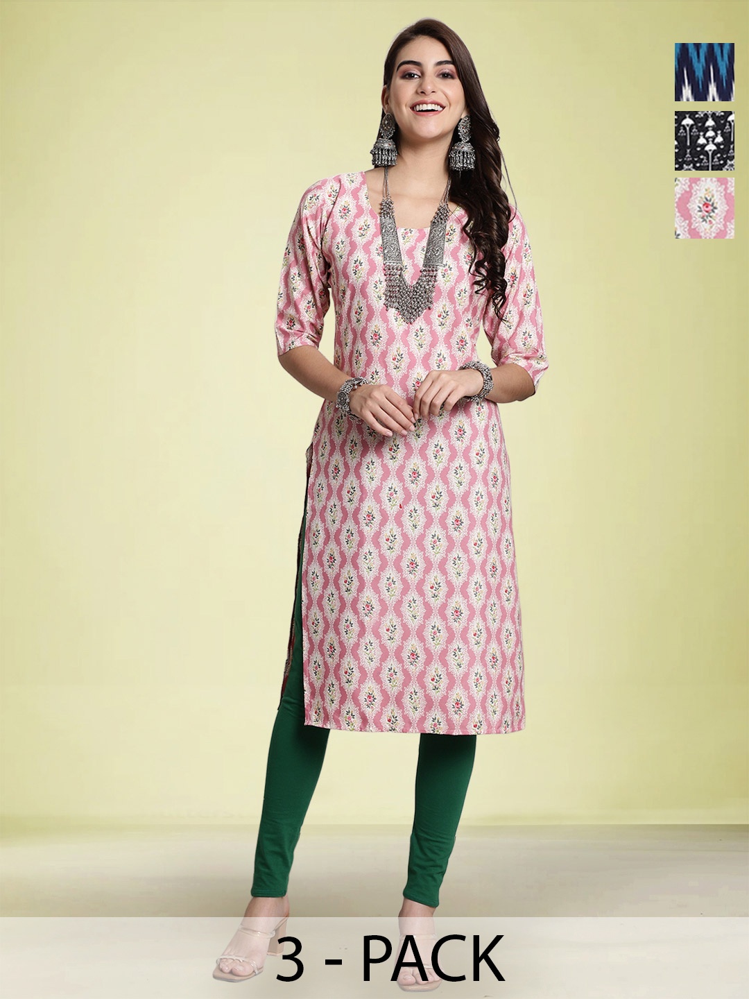 

Moda Rapido Selection Of 3 Floral Printed Round Neck Straight Kurtas, Pink