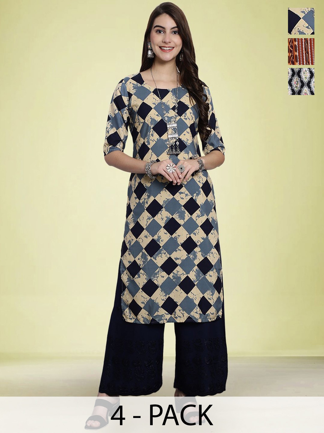

Moda Rapido Selection Of 3 Floral Printed Round Neck Straight Kurtas, Black