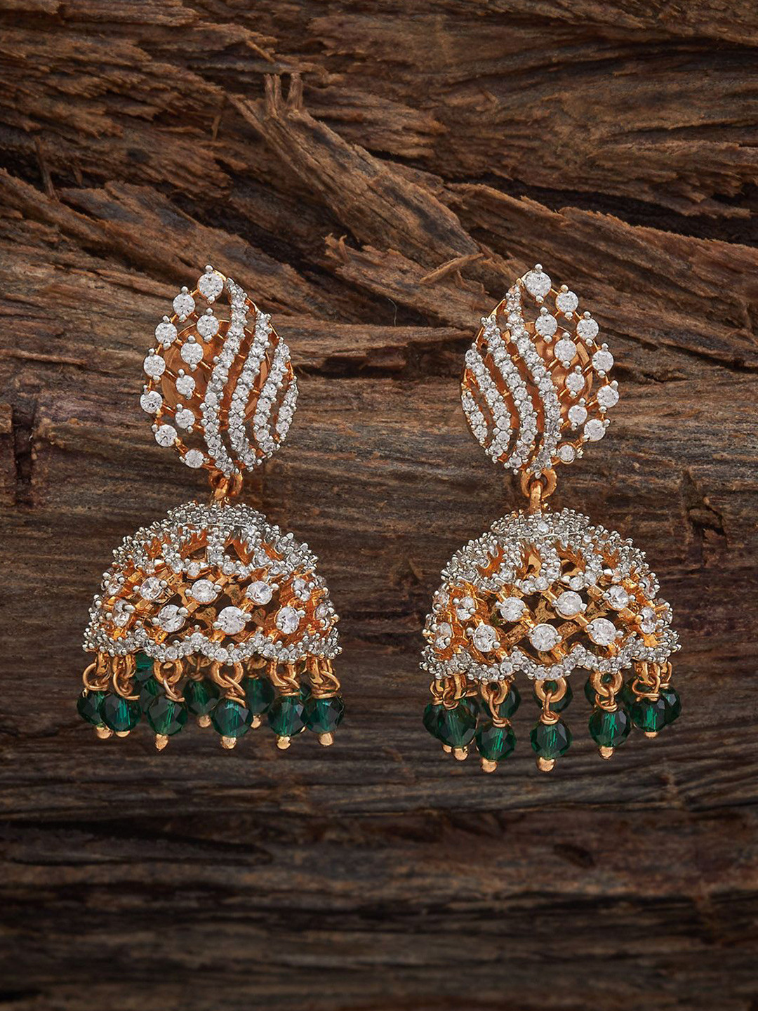 

Kushal's Fashion Jewellery Gold-Plated Dome Shaped Zircon Studded & Beaded Jhumkas