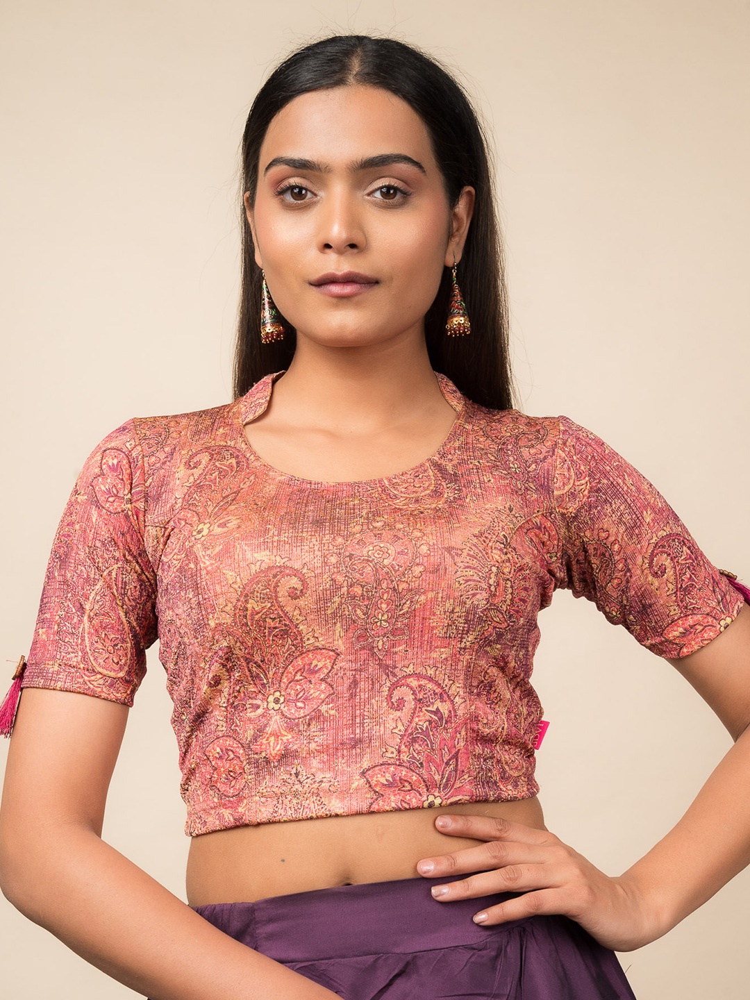 

Bindigasm's Advi Printed Jacquard Stretchable Saree Blouse, Pink