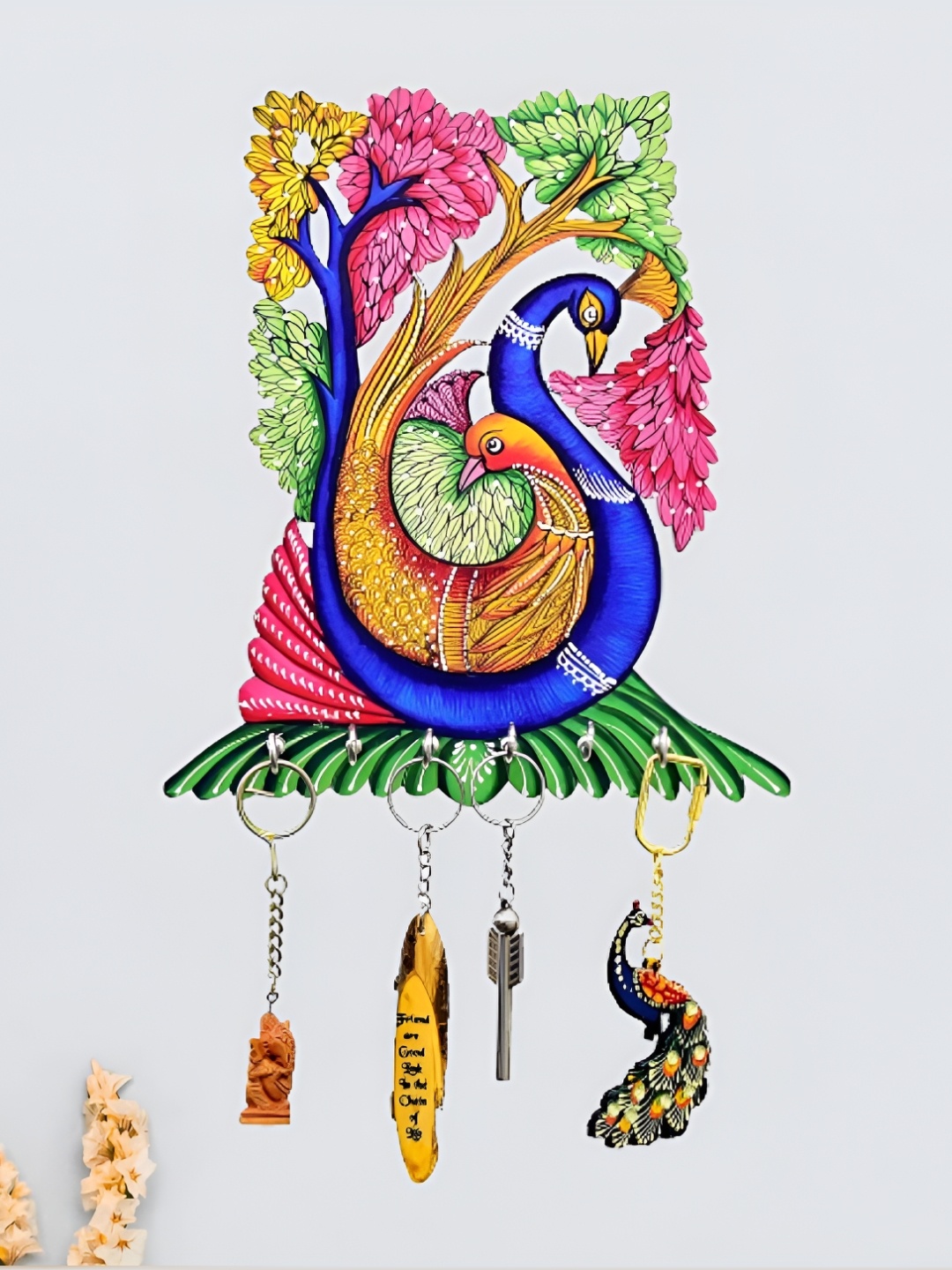 

Webelkart Blue & Green 6 Hooks Peacock Family Printed Wooden Key Holder
