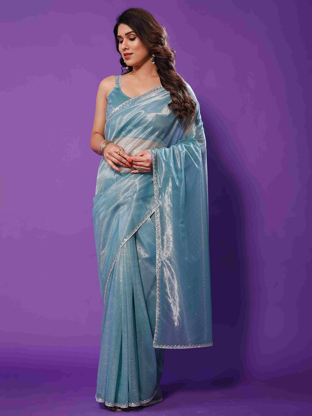 

PEENGAX Organza Chanderi Saree, Teal