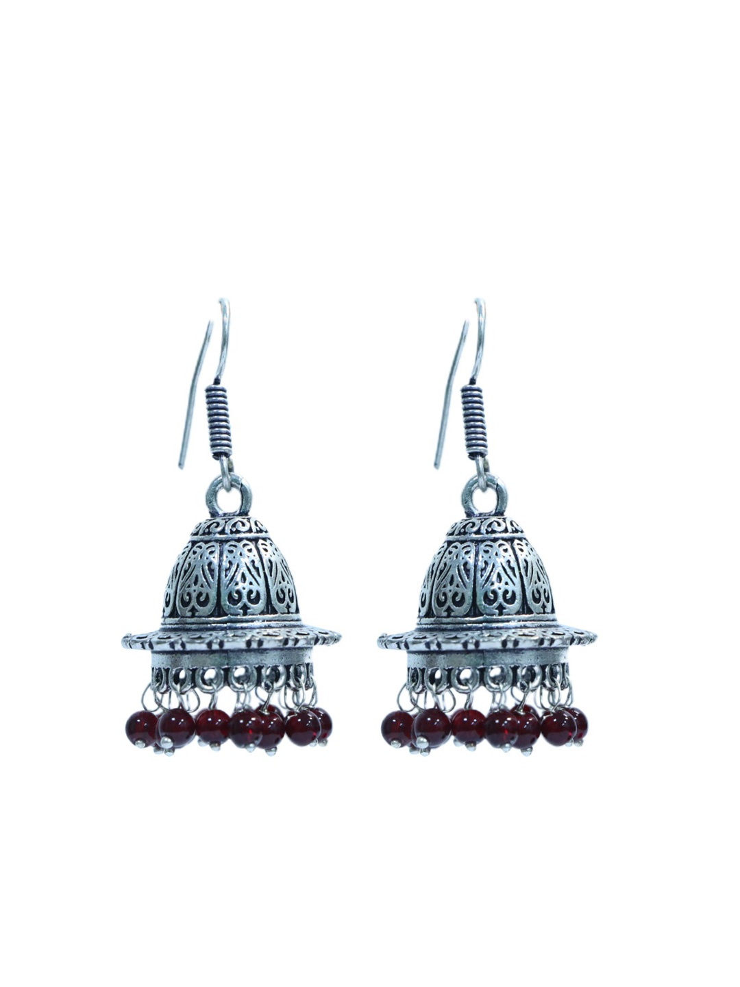 

Abhooshan Silver-Plated Artificial Beaded Oxidised Dome Shaped Jhumkas, Red