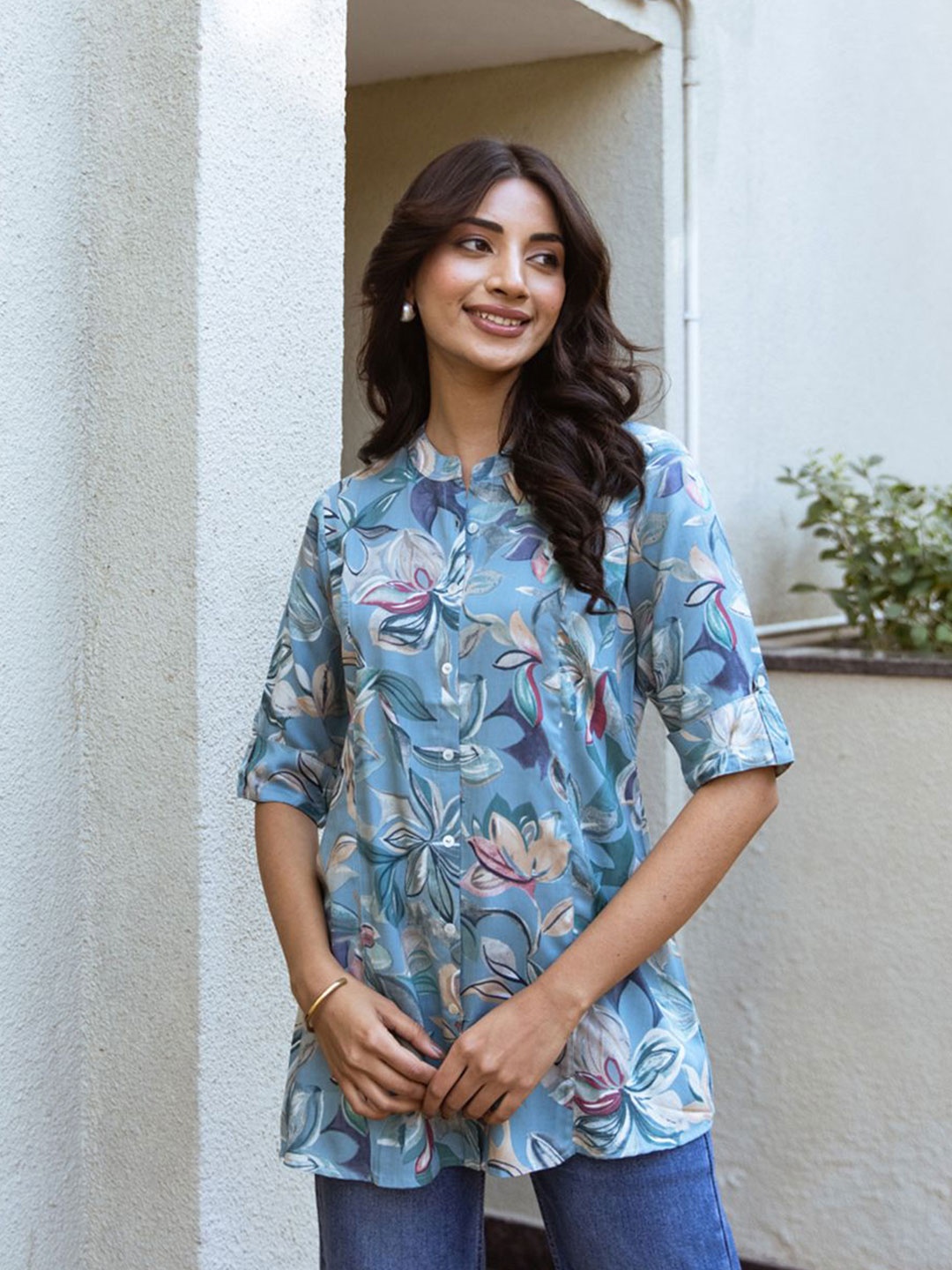 

ARAVALII Floral Print Mandarin Collar Top, Blue