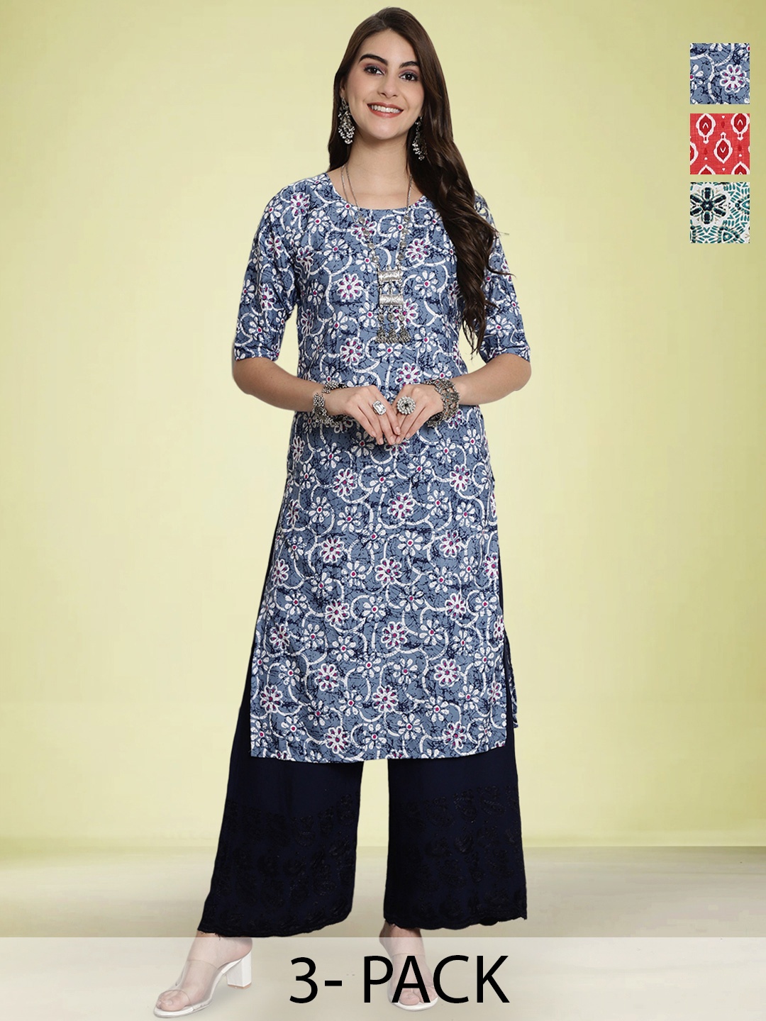 

Moda Rapido Selection Of 3 Floral Printed Round Neck Straight Kurtas, Blue