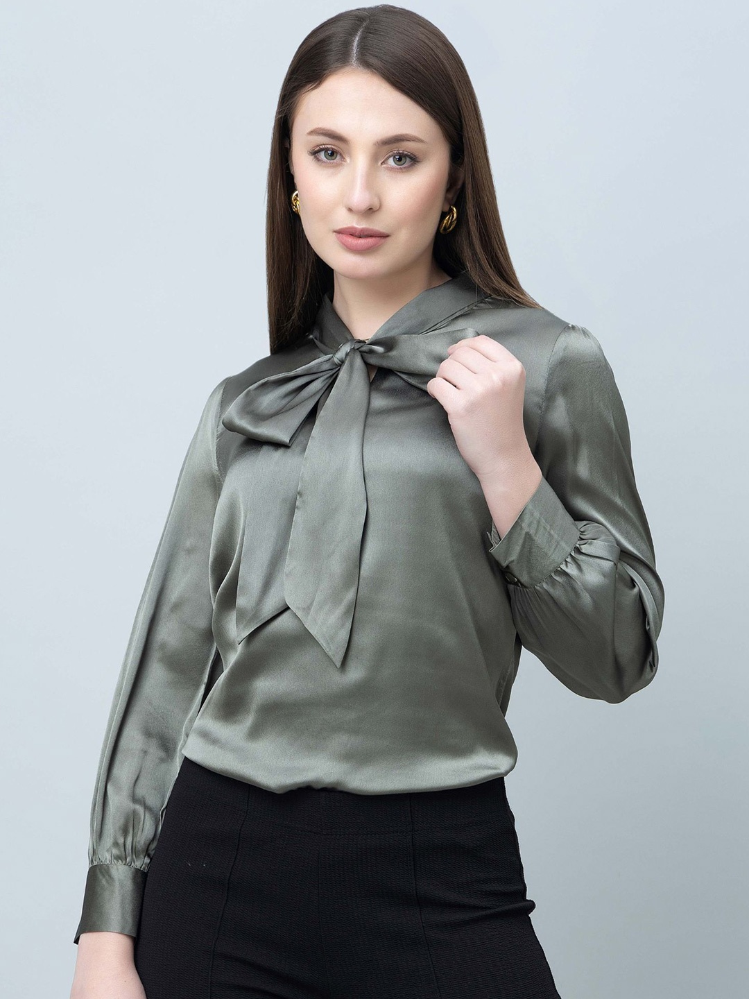 

PURYS WORKSPACE Tie-Up Neck Satin Top, Grey