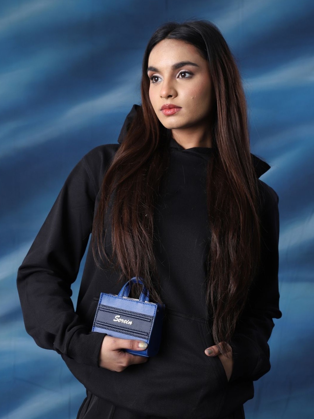 

SEREIN Structured Tote Bag with Fringed, Blue