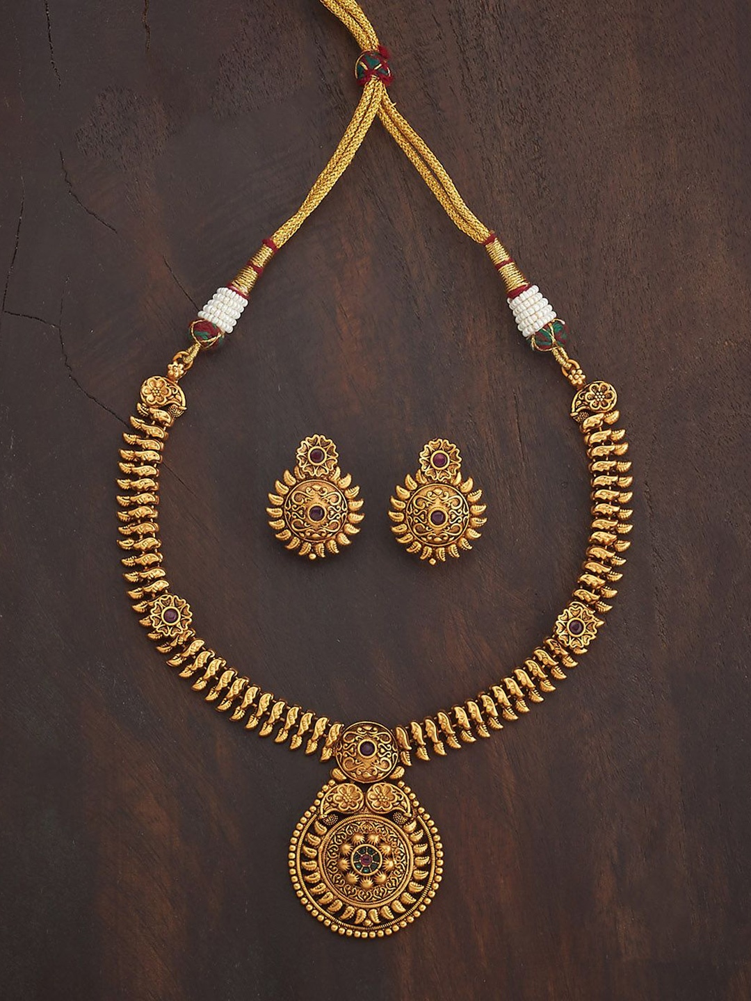 

Kushal's Fashion Jewellery Ruby-Green Gold-Plated Ethnic Antique Jewellery Set
