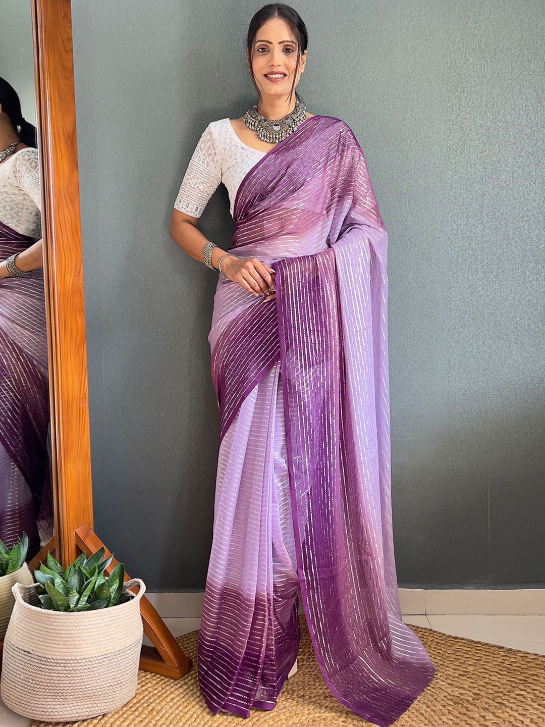 

LeeliPeeri Designer Striped Zari Poly Chiffon Ready to Wear Saree, Purple