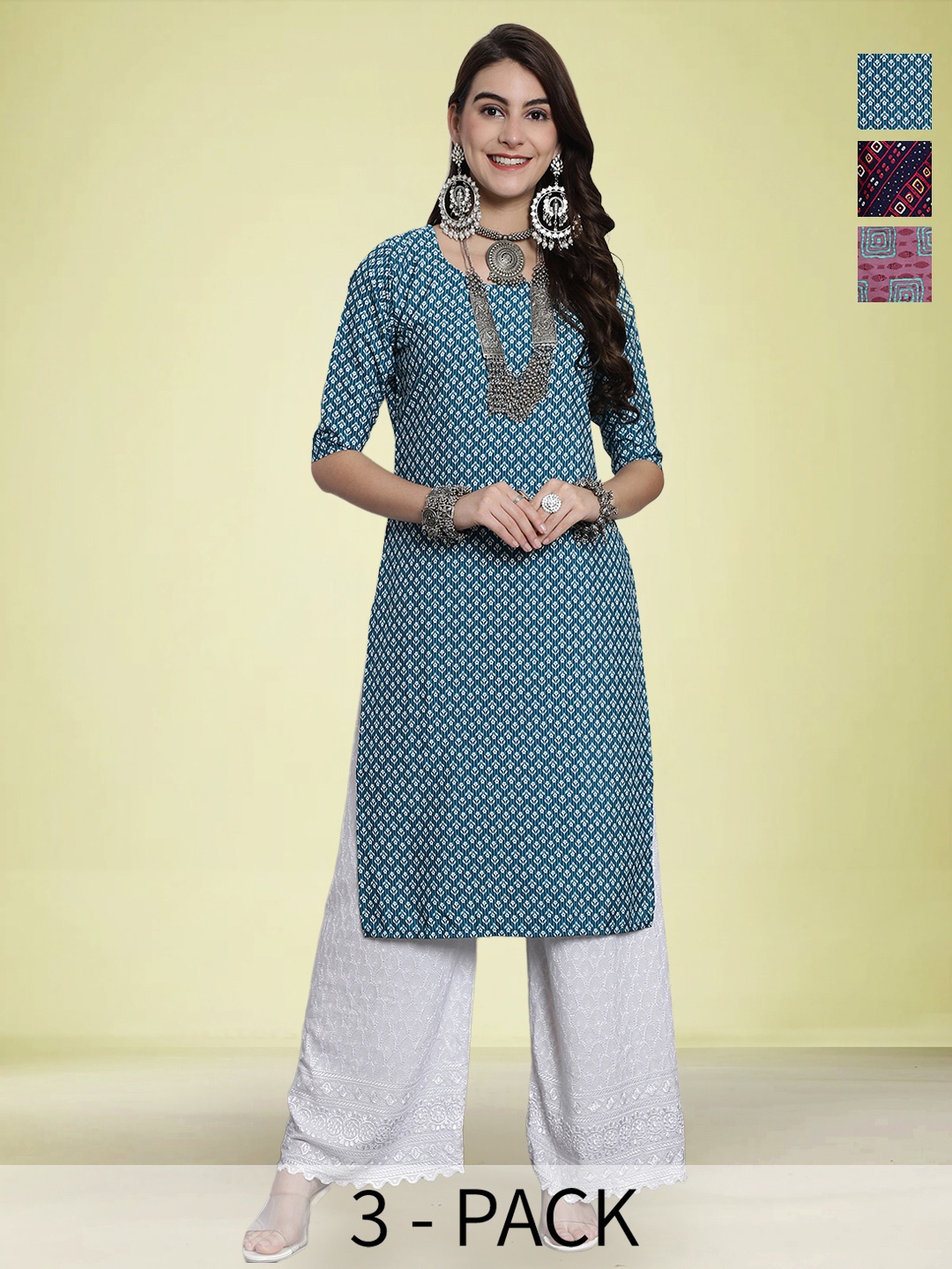 

Moda Rapido Selection Of 3 Floral Printed Round Neck Straight Kurtas, Blue