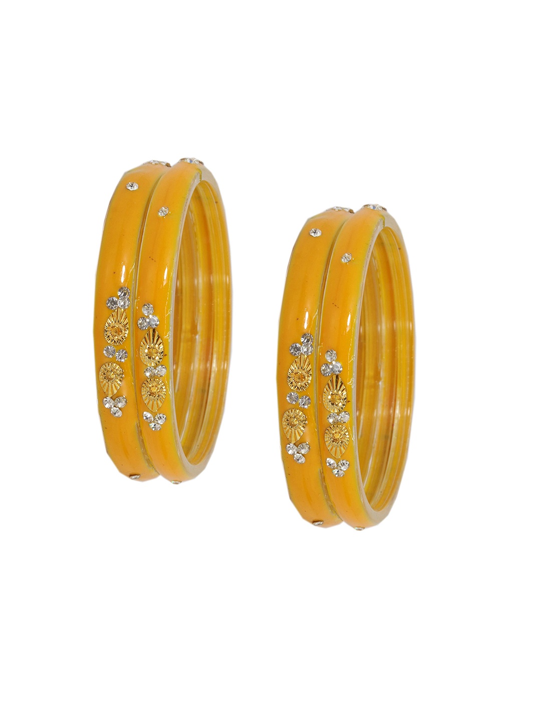 

ZULK Set Of 4 Glass With Zircon Gemstone Glossy Finished Bangles, Yellow