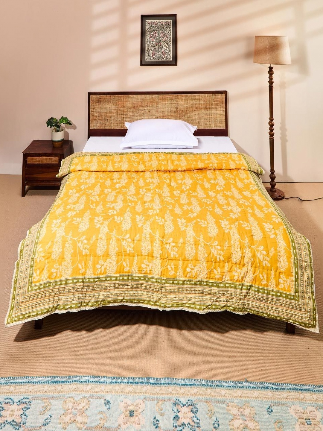 

Fabindia Amaltas Yellow & Green Floral Printed Cotton AC Room 110 GSM Single Bed Quilt