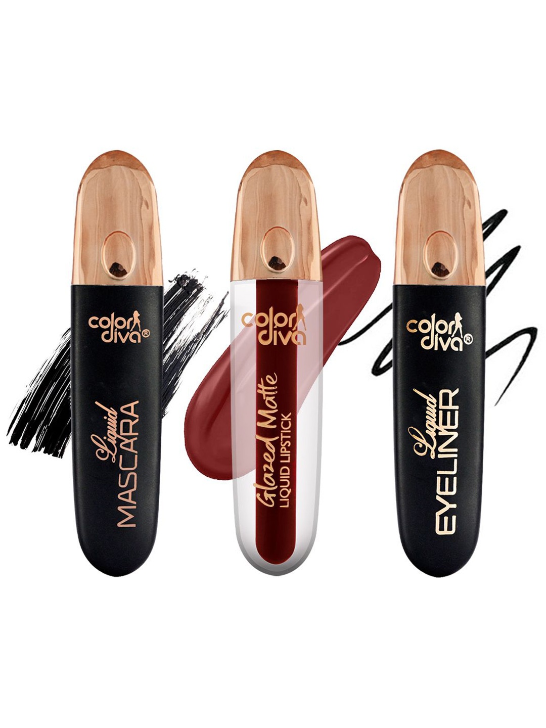 

Color Diva Set Of 3 Liquid Eyeliner & Mascara & Glazed Matte Liquid Lipstick - 10 ml Each, Black