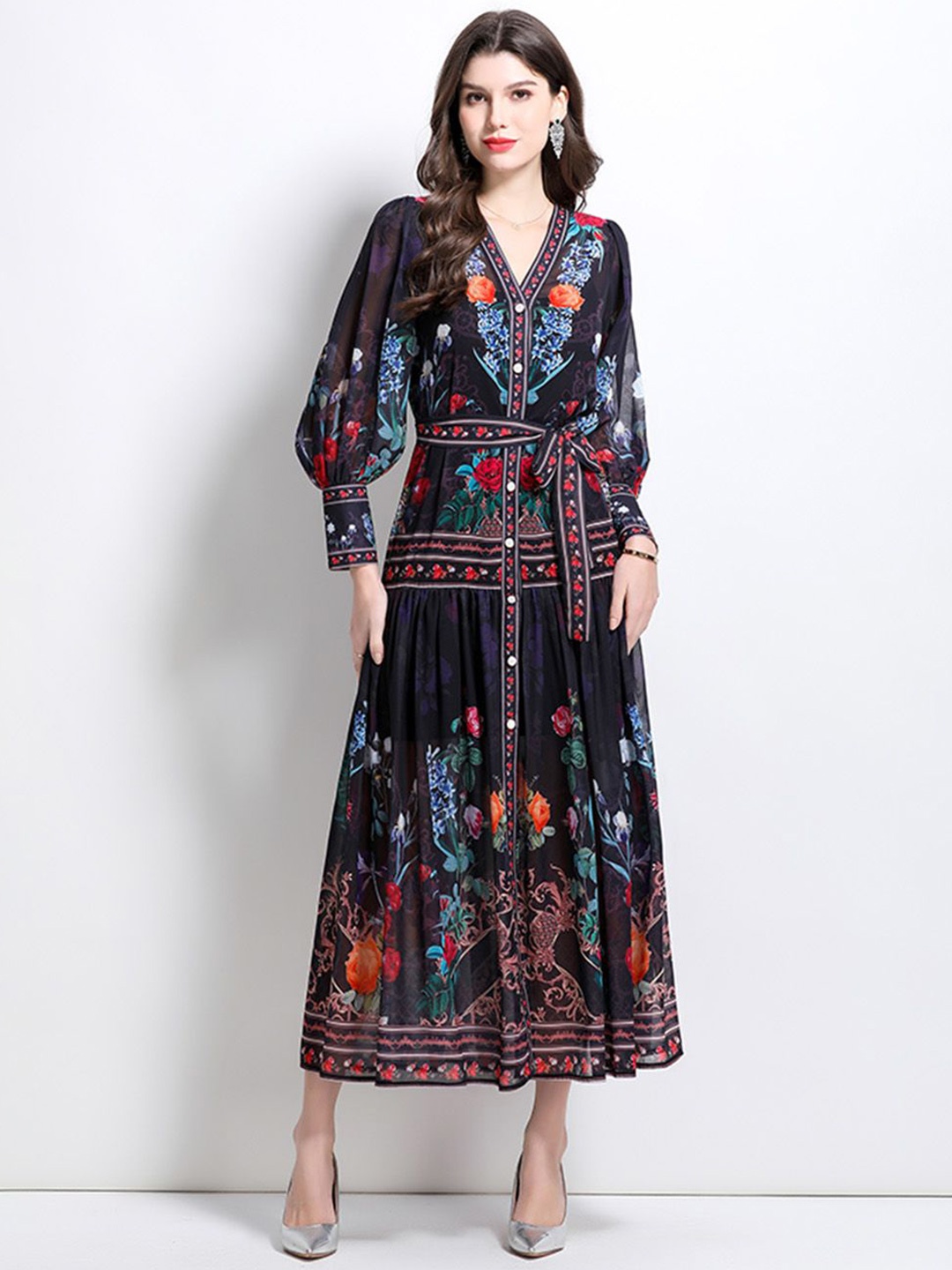 

JC Collection Ethnic Motifs Print Puff Sleeve Maxi Dress, Black
