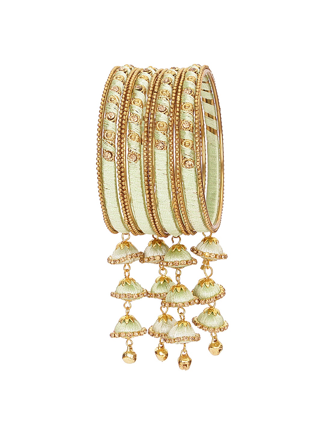 

ZULKA Set Of 12 Metal With Silk Thread Latkan Bangle & Stone Studded Bangles, Gold