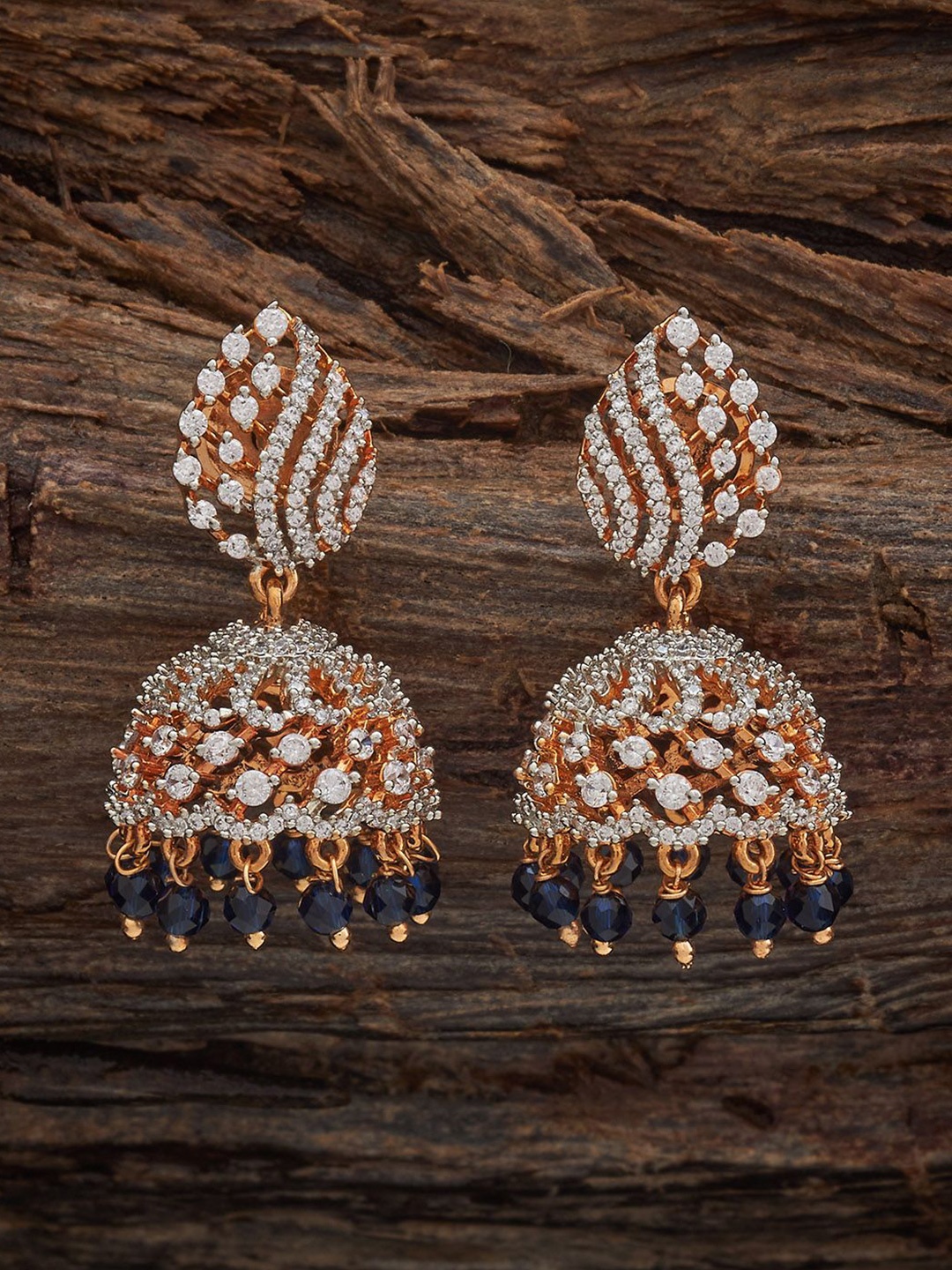 

Kushal's Fashion Jewellery Rhodium Gold-Plated Zircon Dome Shaped Jhumkas Earrings