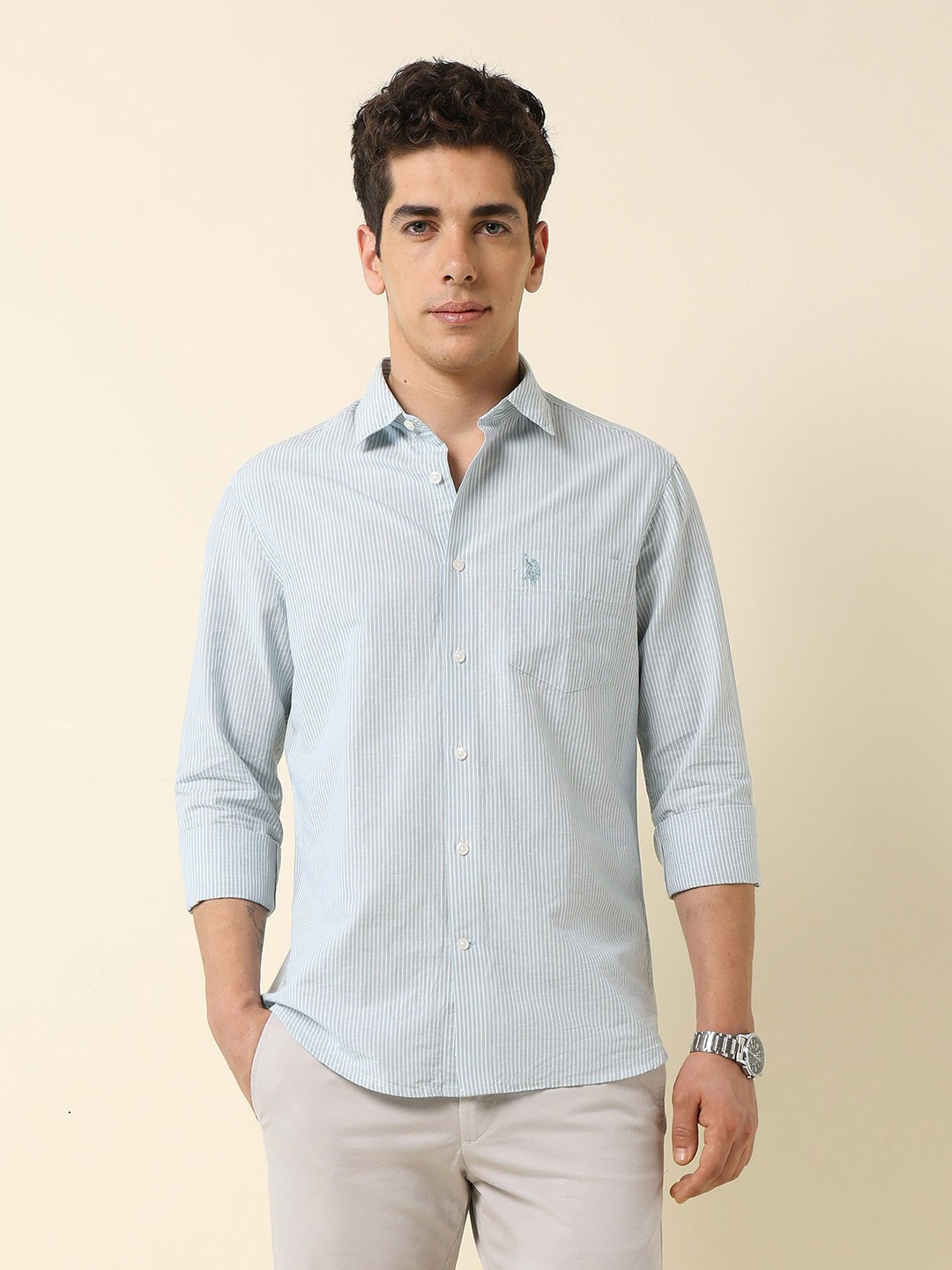 

U.S. Polo Assn. Men Classic Tailored Fit Opaque Striped Casual Shirt, Green