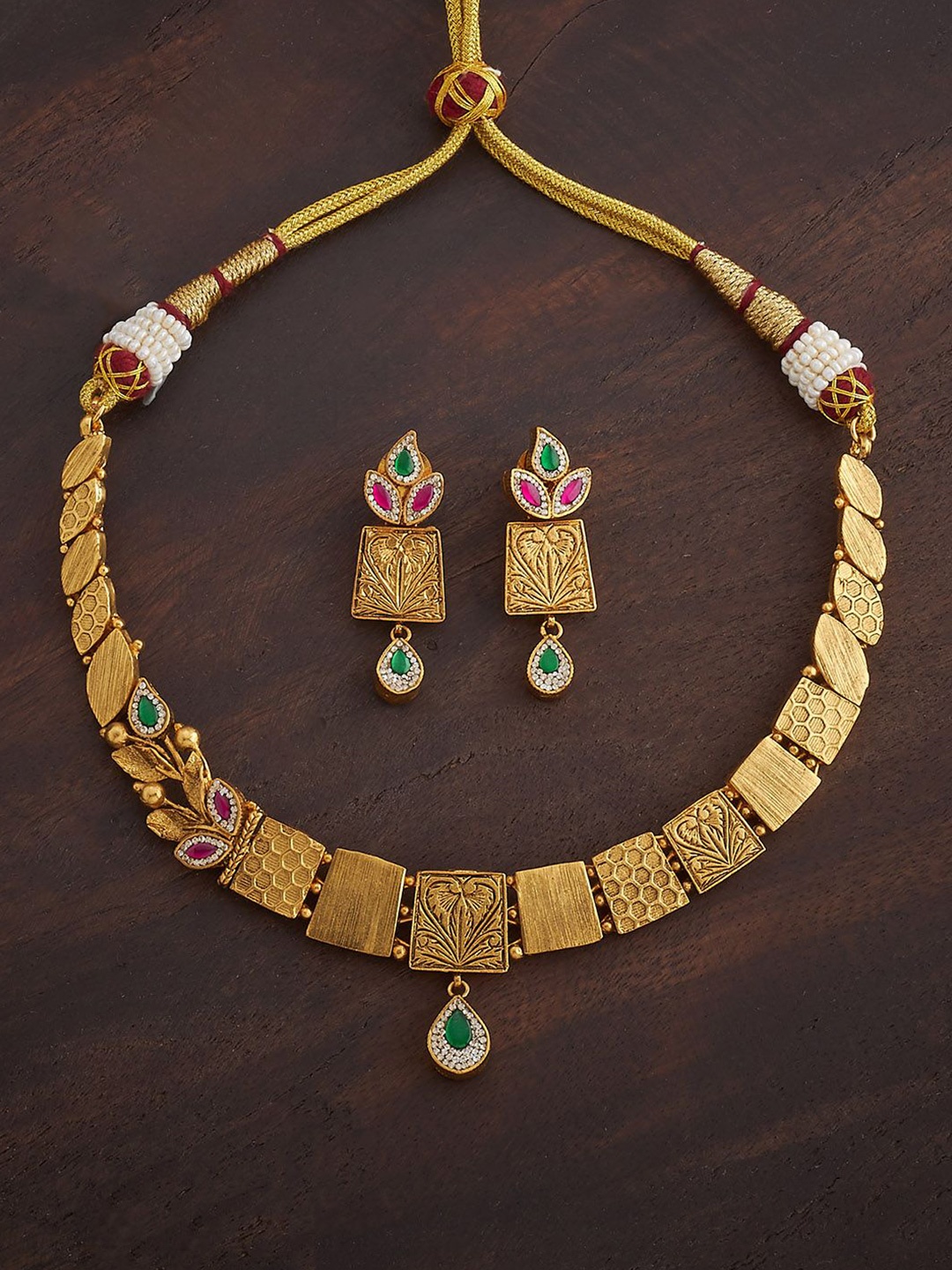 

Kushal's Fashion Jewellery Ruby-Green Gold-Plated Ethnic Antique Jewellery Set