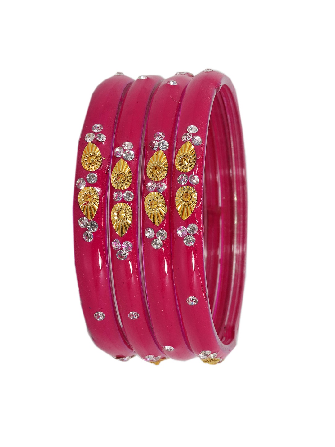 

ZULKA Set Of 4 Zircon Gemstone Studded And Beaded Glossy Finished Bangles, Gold