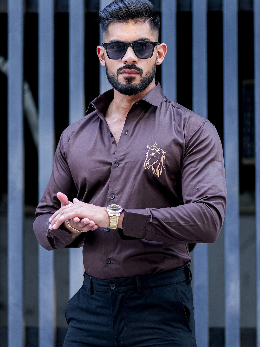 

Foomer Men Standard Opaque Striped Casual Shirt, Brown