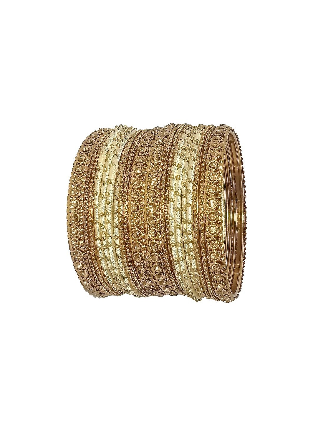 

ZULKA Set Of 20 Metal With Silk Thread and Zircon Gemstone Worked Traditional Bangles, Cream