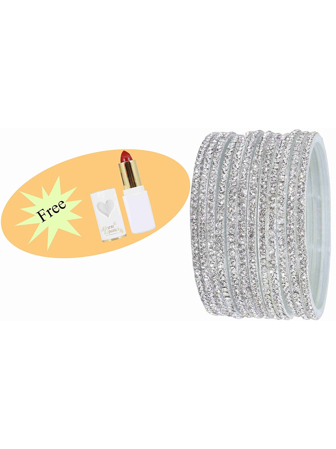 

ZULKA Set Of 12 Glass With Zircon Gemstone Studded Glossy Finished Bangles, Silver
