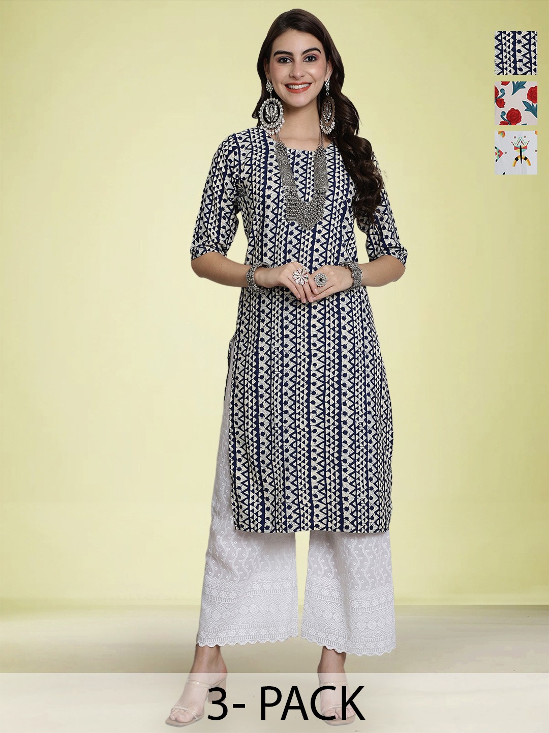 

Moda Rapido Selection Of 3 Ethnic Motifs Printed Round Neck Straight Kurtas, Black