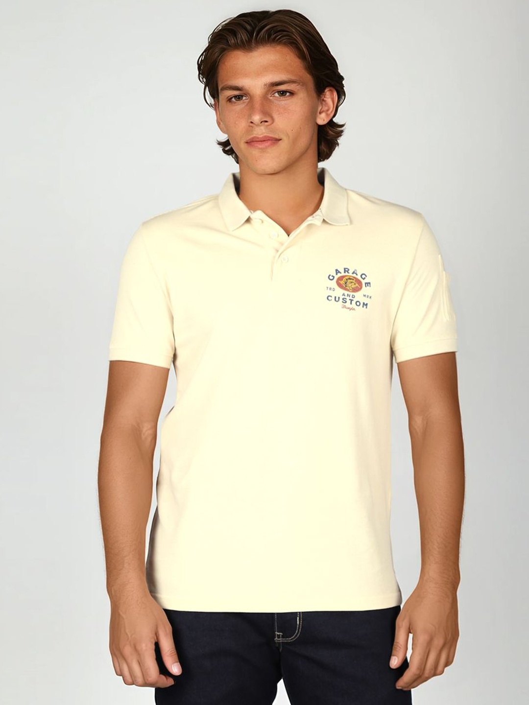 

Wrangler Men Printed Polo Collar Pure Cotton T-shirt, Beige