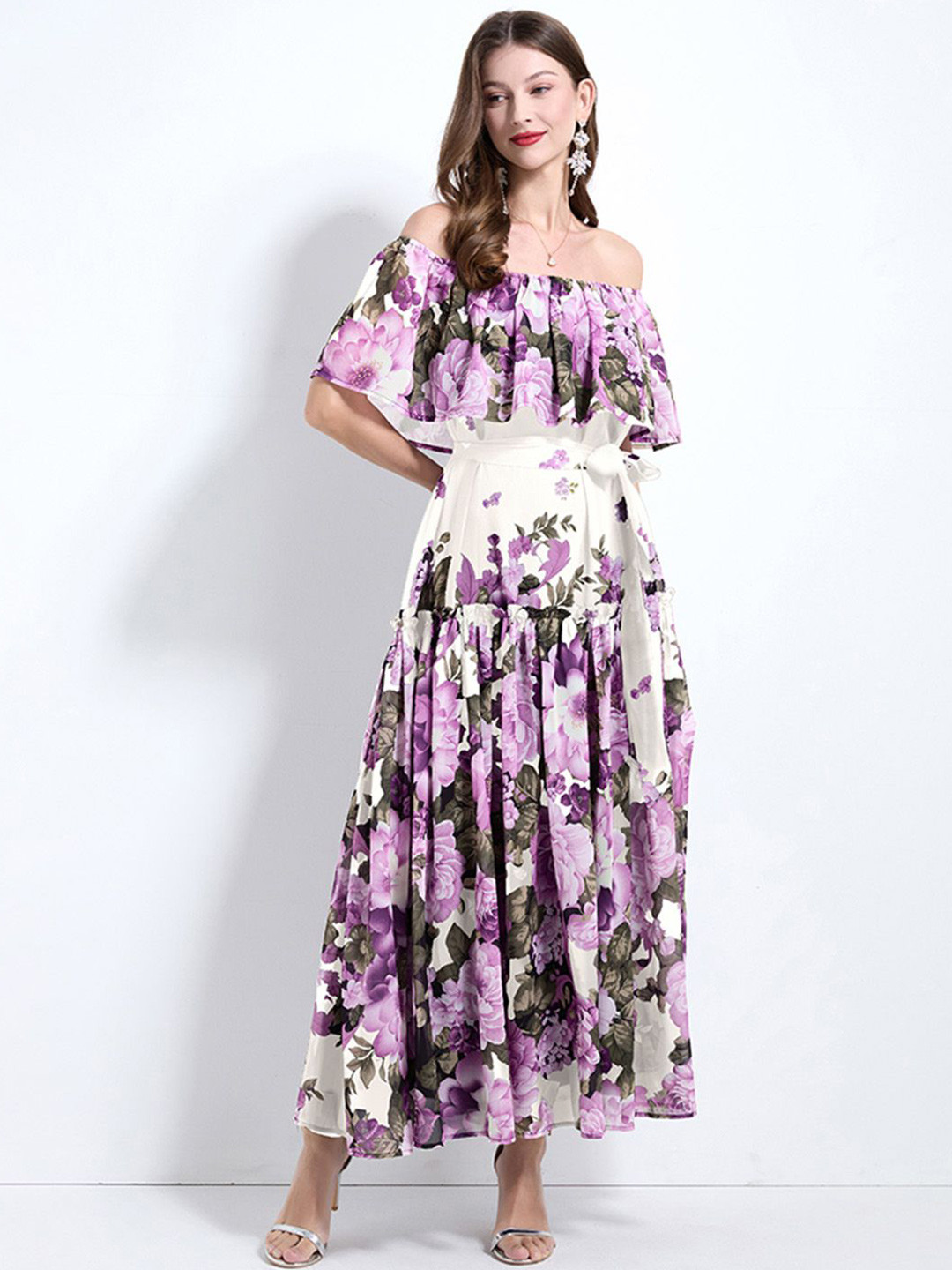 

JC Collection Floral Print Off-Shoulder Cape Sleeve Maxi Dress, Multi