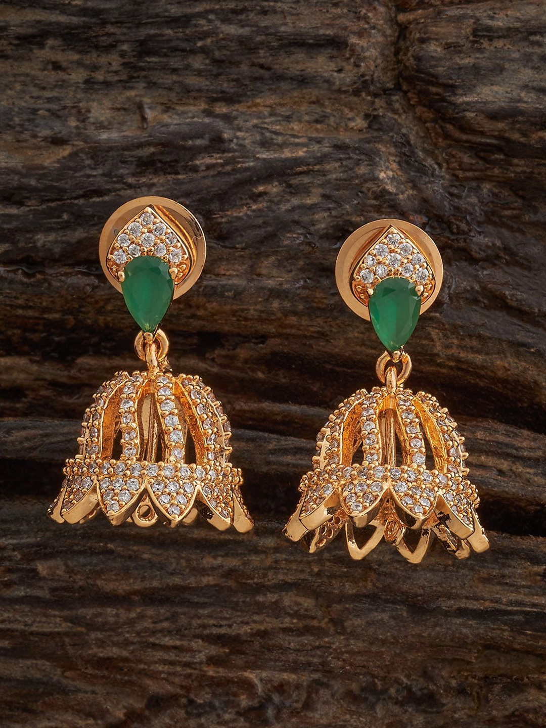 

Kushal's Fashion Jewellery Gold-Plated Dome Shaped Zircon Studded Jhumkas